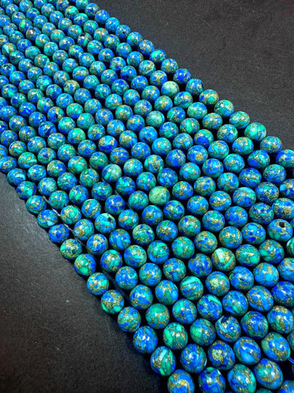Natural Compress Turquoise with Lapis Smooth Round shape Gemstone Beads. 8mm, Stunning Blue and Green Mixed Colors, Great Quality 15.5"