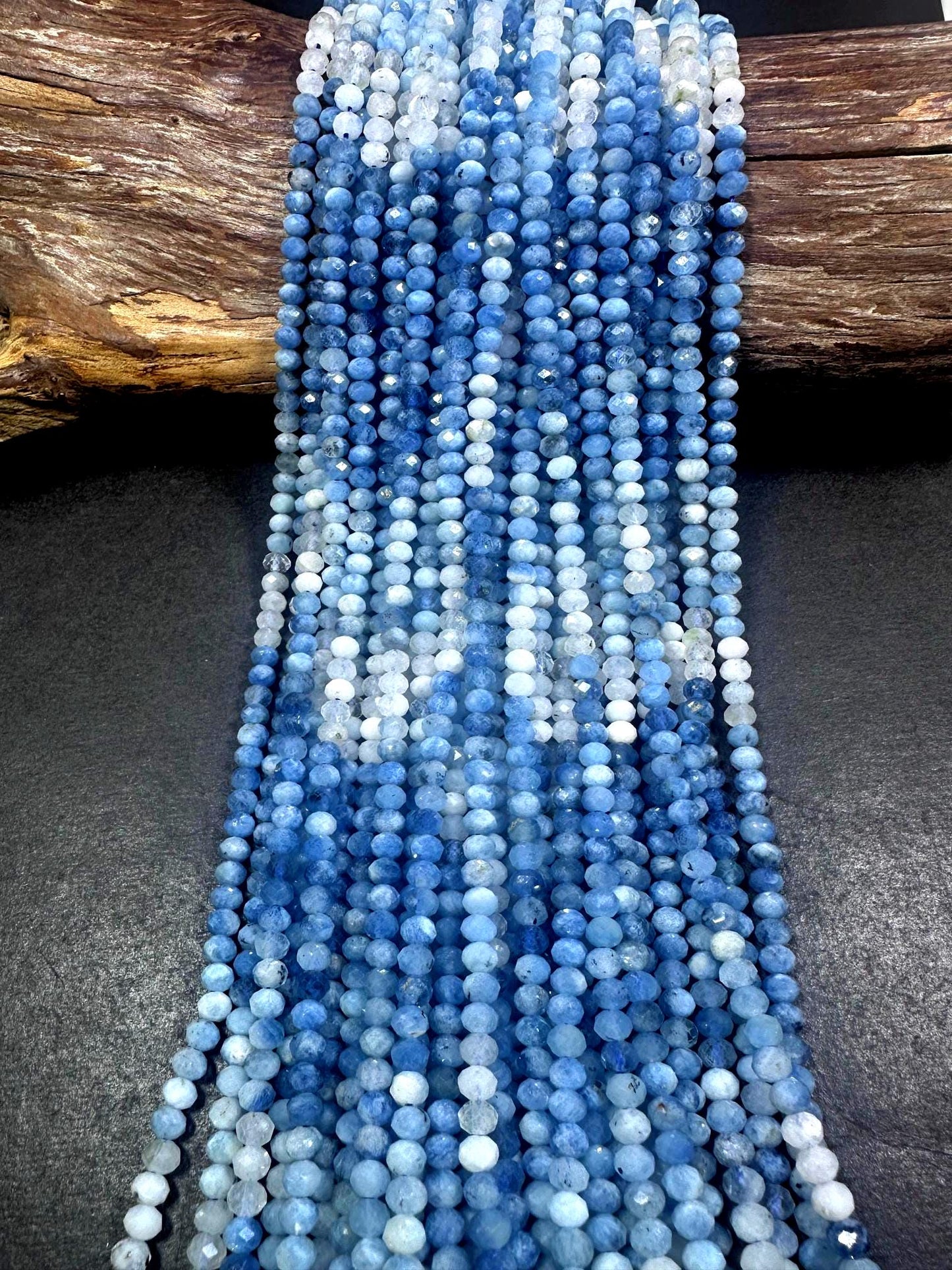 100% AAA Natural Aquamarine Faceted Rondelle Shaped Gemstone Beads. 5mm, Blue White Clear Multicolor Pattern Excellent Quality 15.5"
