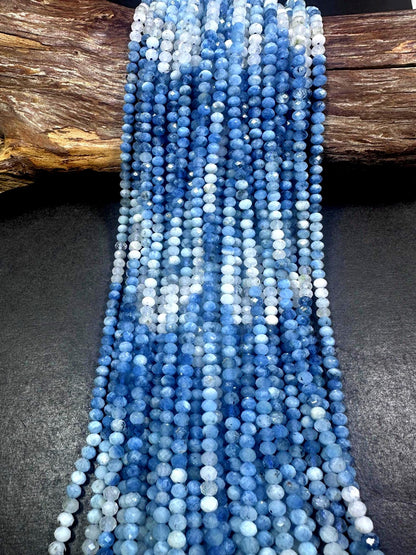100% AAA Natural Aquamarine Faceted Rondelle Shaped Gemstone Beads. 5mm, Blue White Clear Multicolor Pattern Excellent Quality 15.5"