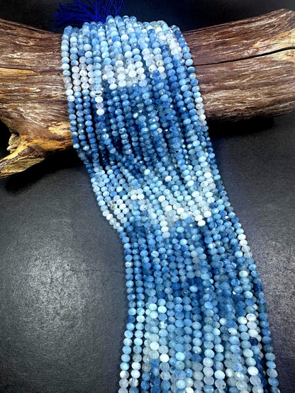 100% AAA Natural Aquamarine Faceted Rondelle Shaped Gemstone Beads. 5mm, Blue White Clear Multicolor Pattern Excellent Quality 15.5"