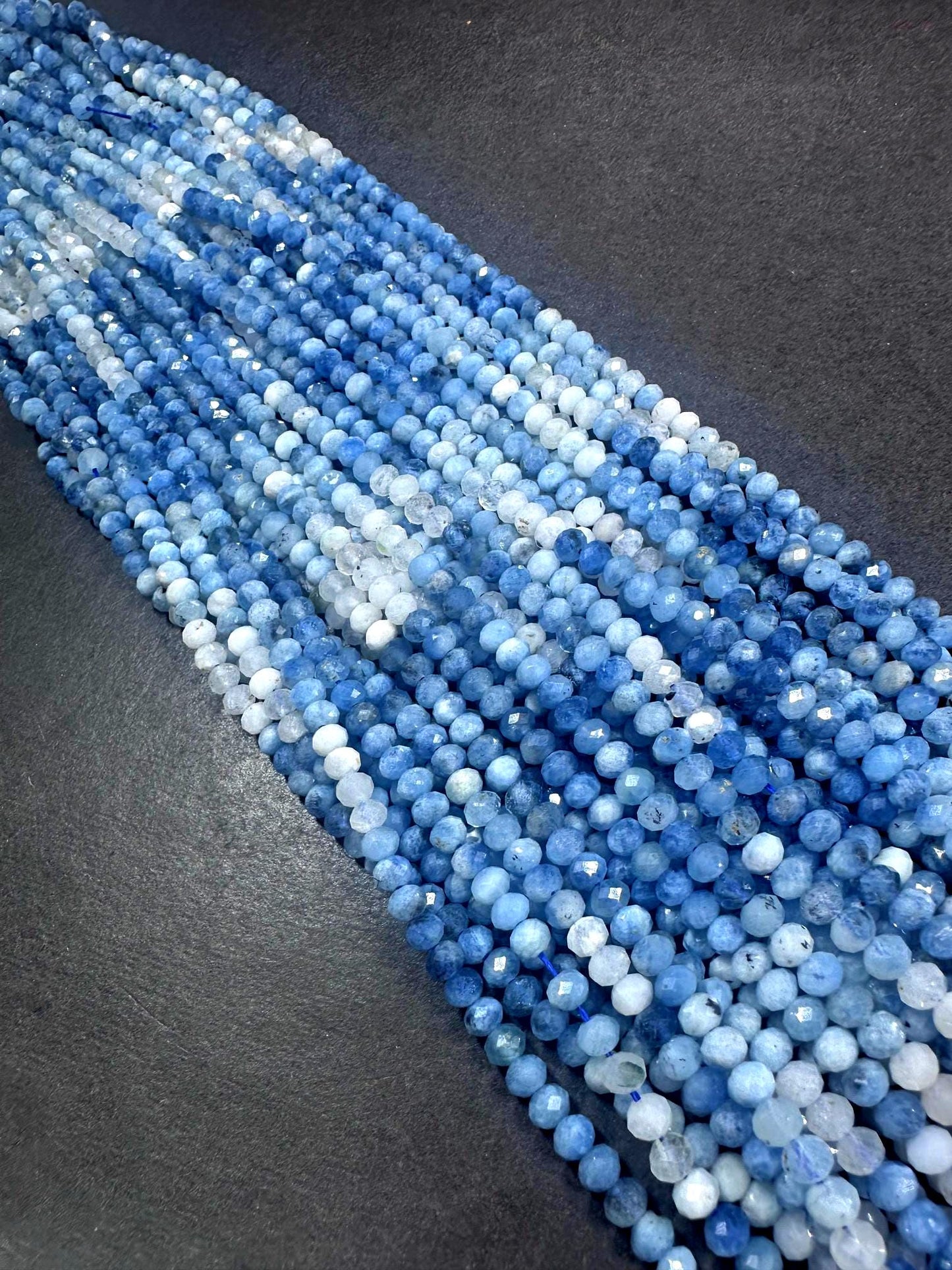 100% AAA Natural Aquamarine Faceted Rondelle Shaped Gemstone Beads. 5mm, Blue White Clear Multicolor Pattern Excellent Quality 15.5"