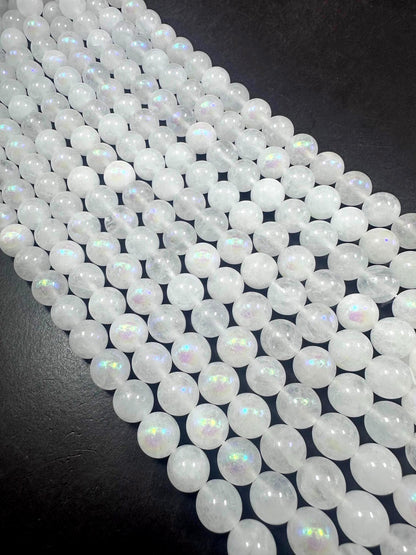 Beautiful White Moonstone Jade Round Shape Gemstone Beads. 6mm, 8mm, 10mm, 12mm; Stunning White Color with AB Coating Great Quality 15.5"