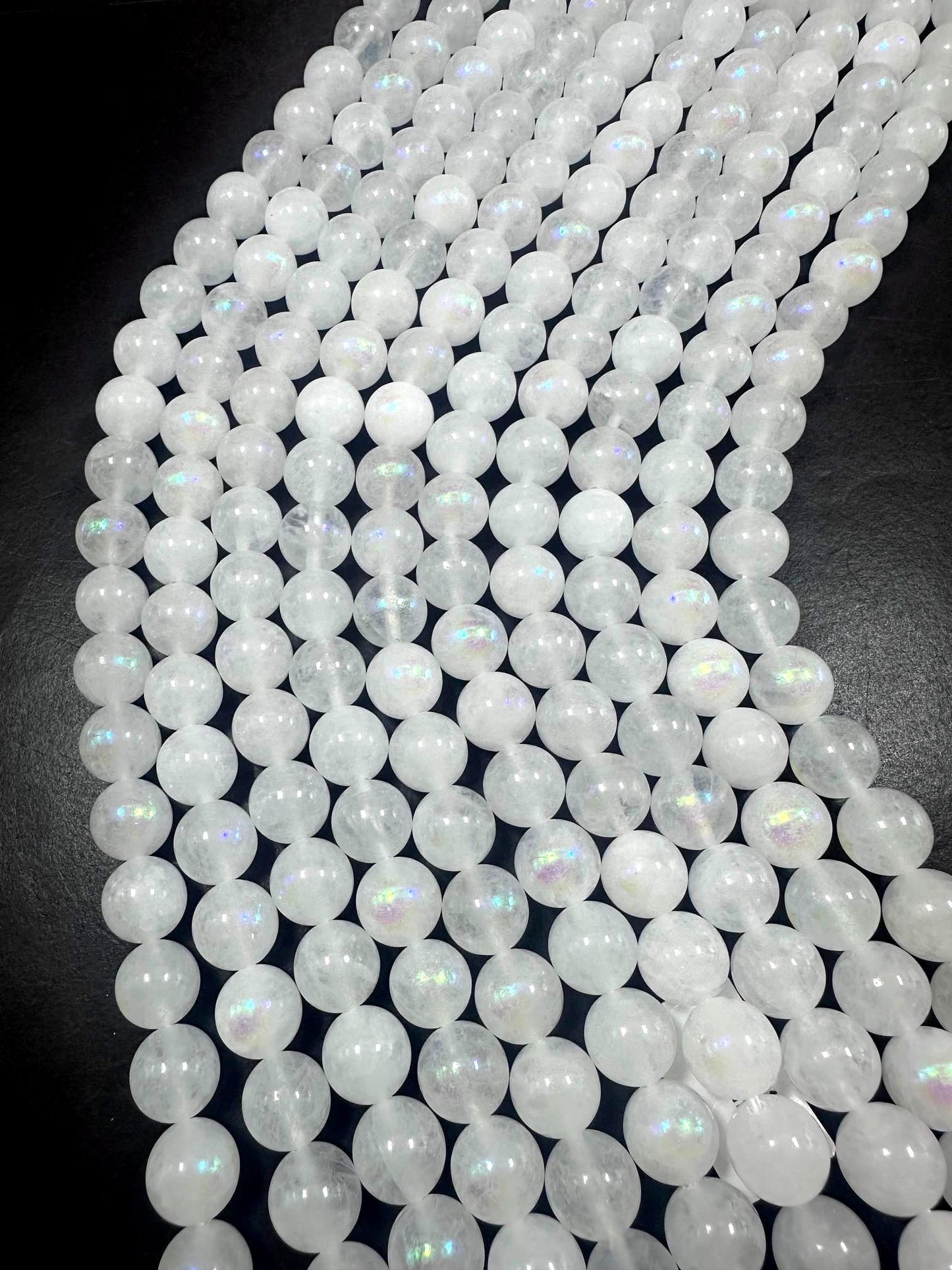 Beautiful White Moonstone Jade Round Shape Gemstone Beads. 6mm, 8mm, 10mm, 12mm; Stunning White Color with AB Coating Great Quality 15.5"