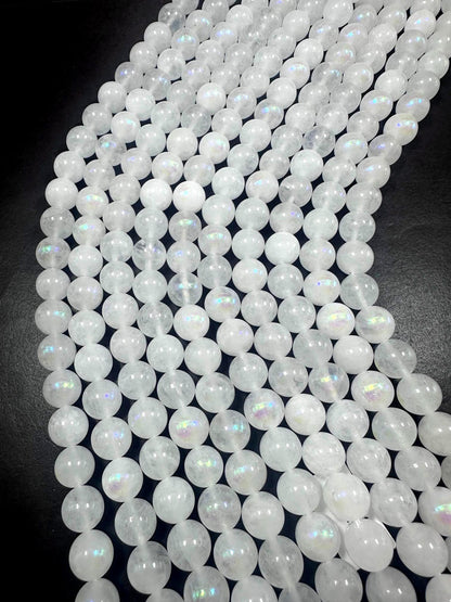 Beautiful White Moonstone Jade Round Shape Gemstone Beads. 6mm, 8mm, 10mm, 12mm; Stunning White Color with AB Coating Great Quality 15.5"