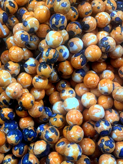 Beautiful Light Orange Blue Rain Flower Smooth Round Gemstone Beads. Stunning Orange and Blue Mixed Pattern, Great Quality Full Strand 15.5"