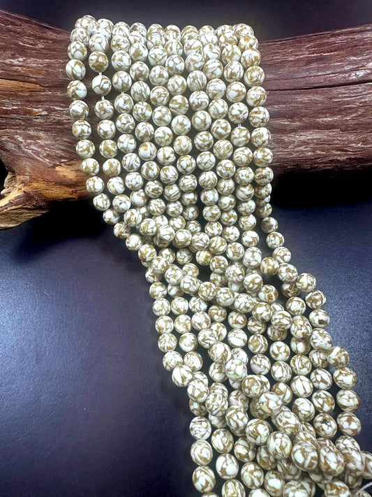 Beautiful White Beige Impression Jasper Smooth Round Shape Gemstone Beads. White and Beige Mixed Pattern, Great Quality Full strand 15.5"