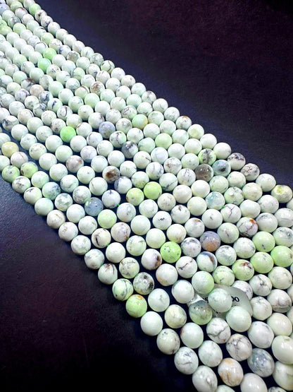 100% Natural Lemon Chrysoprase Smooth Round Shape Gemstone Beads. White Color with Light Green Tint, Great Quality Full Strand 15.5"