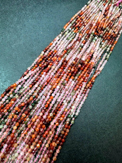 100% Natural AAA Rutilated Quartz Faceted Round Shape Gemstone Beads. 3mm, Pink Orange Brown Multicolor Pattern, Great Quality 15.5"