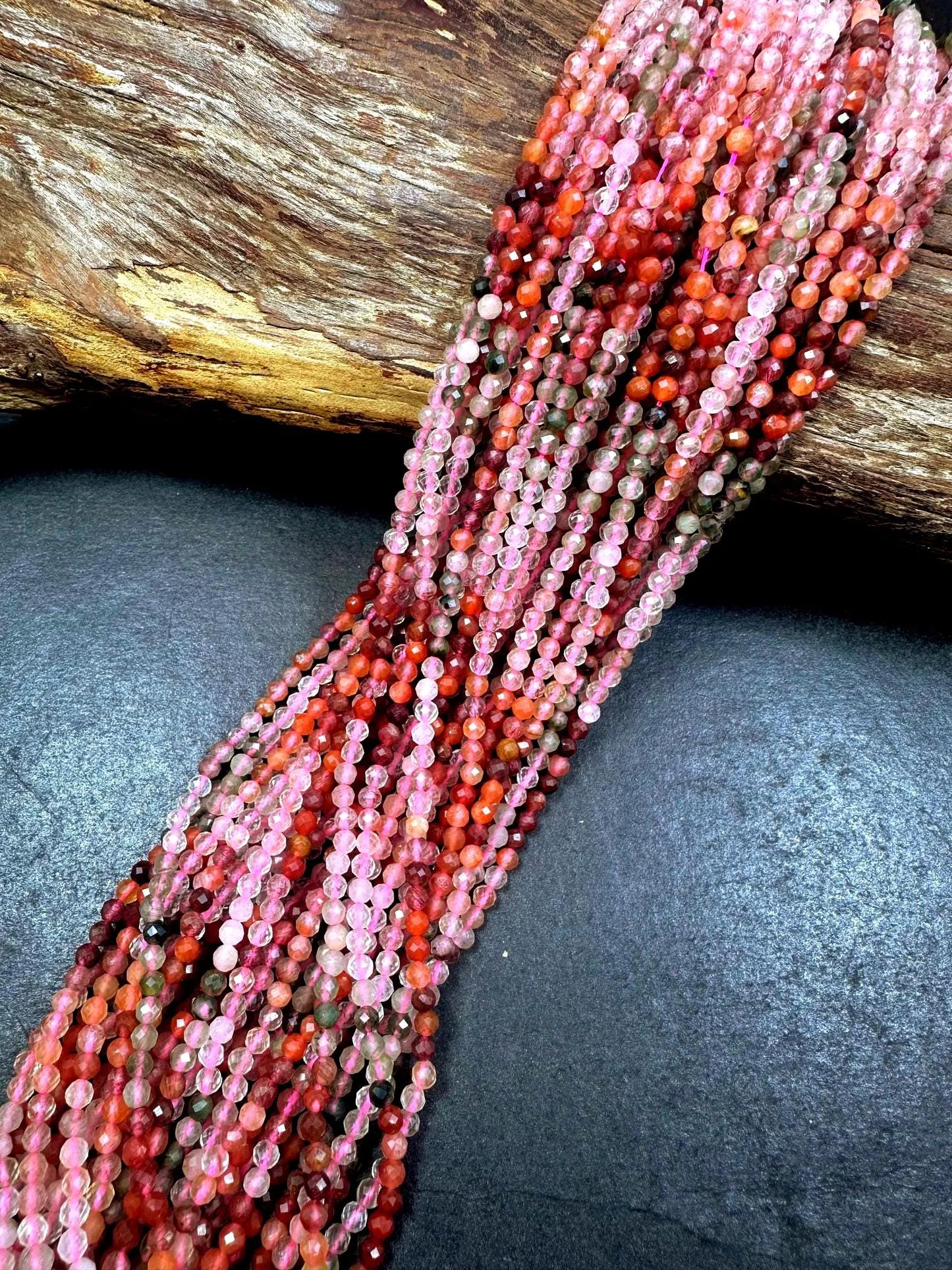 100% Natural AAA Rutilated Quartz Faceted Round Shape Gemstone Beads. 3mm, Pink Orange Brown Multicolor Pattern, Great Quality 15.5"