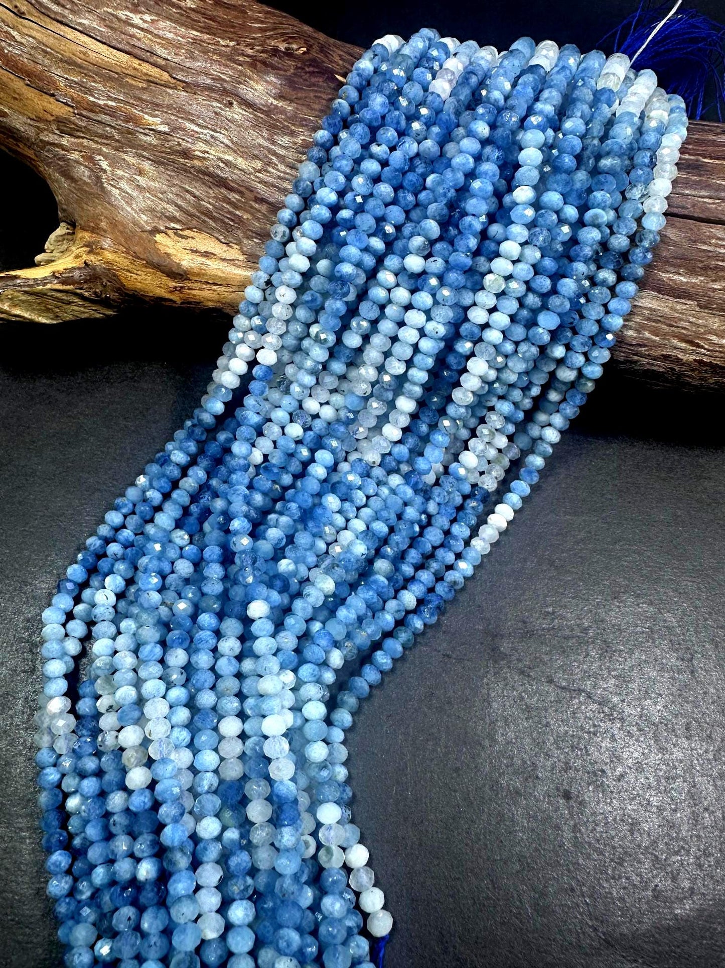 100% AAA Natural Aquamarine Faceted Rondelle Shaped Gemstone Beads. 5mm, Blue White Clear Multicolor Pattern Excellent Quality 15.5"