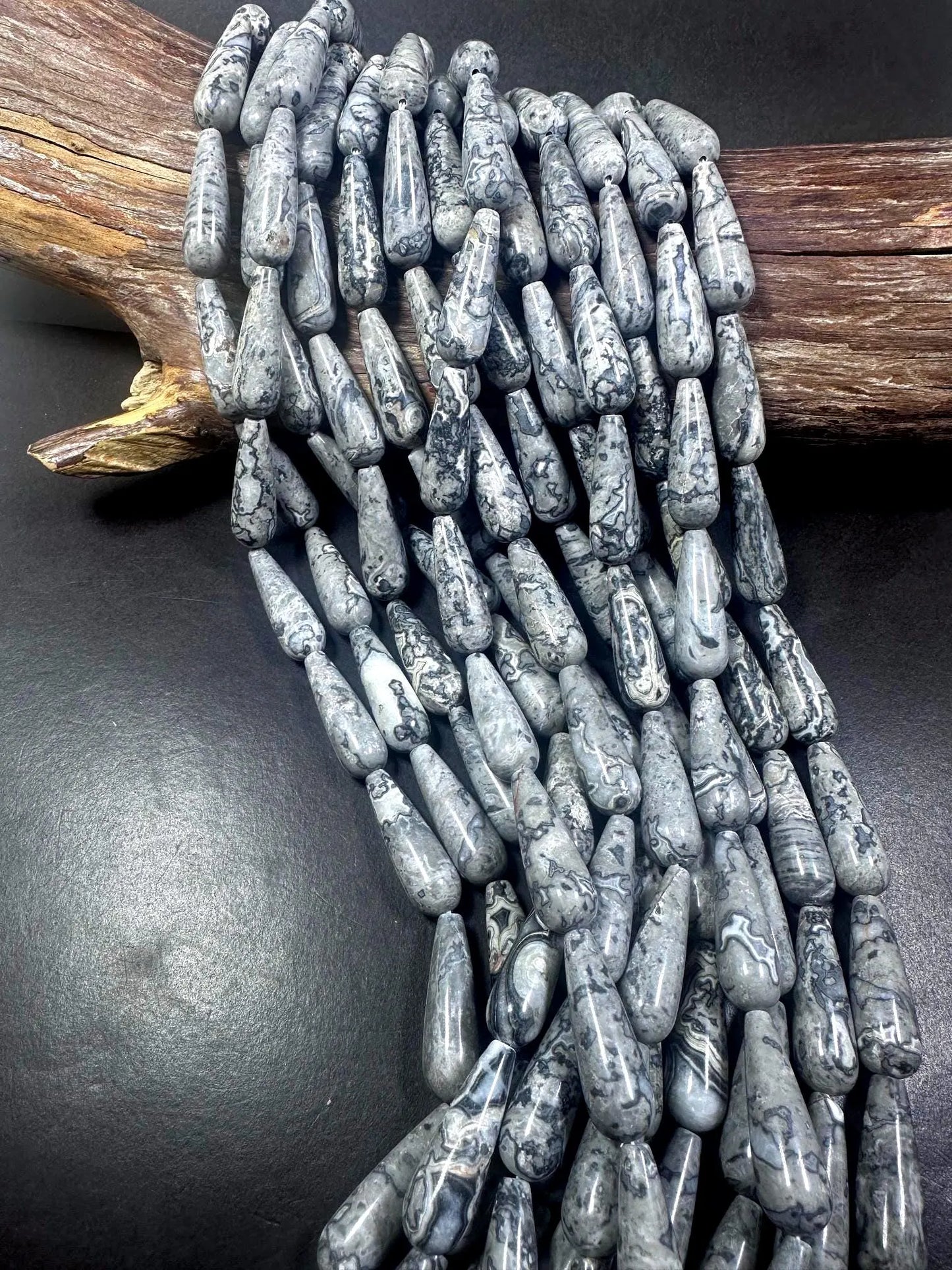 Beautiful Natural Gray Jasper Teardrop Shape Gemstone Bead. 30x10mm Stunning Gray Color Pattern, Great Quality Full Strand 15.5"