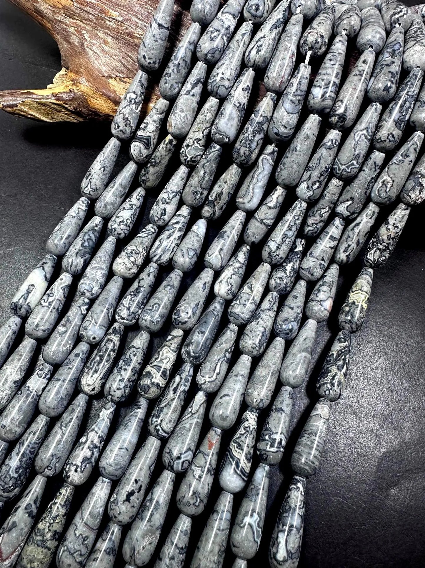 Beautiful Natural Gray Jasper Teardrop Shape Gemstone Bead. 30x10mm Stunning Gray Color Pattern, Great Quality Full Strand 15.5"