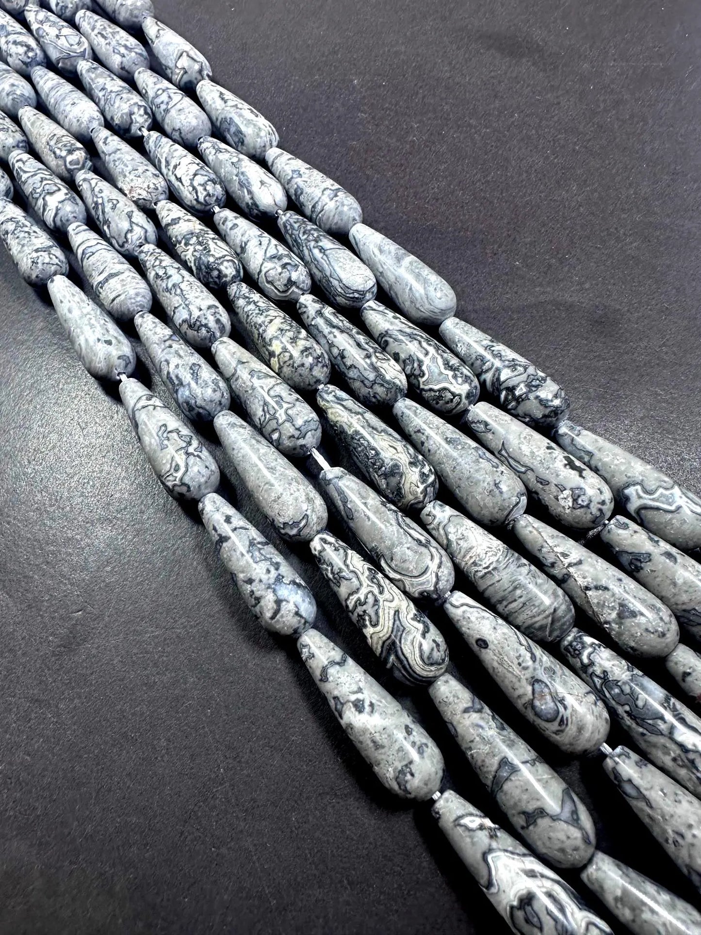 Beautiful Natural Gray Jasper Teardrop Shape Gemstone Bead. 30x10mm Stunning Gray Color Pattern, Great Quality Full Strand 15.5"