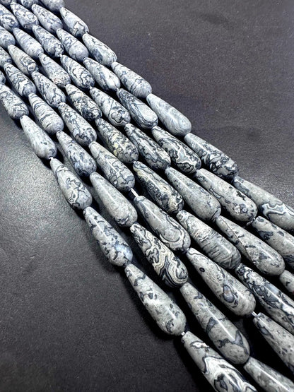 Beautiful Natural Gray Jasper Teardrop Shape Gemstone Bead. 30x10mm Stunning Gray Color Pattern, Great Quality Full Strand 15.5"