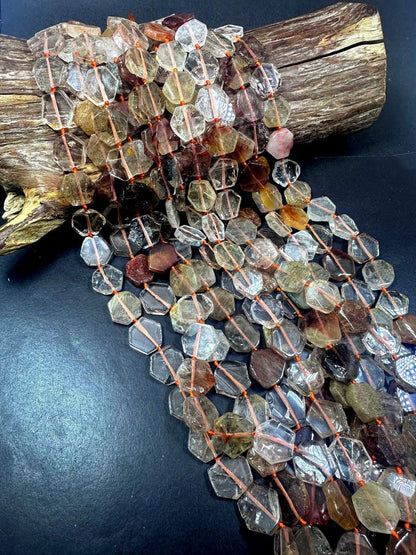 Beautiful Natural Rutilated Quartz Hexagon Shape Gemstone Beads. 15x15mm, Multicolor Clear Orange Shades, Great Quality Full Strand 15.5"