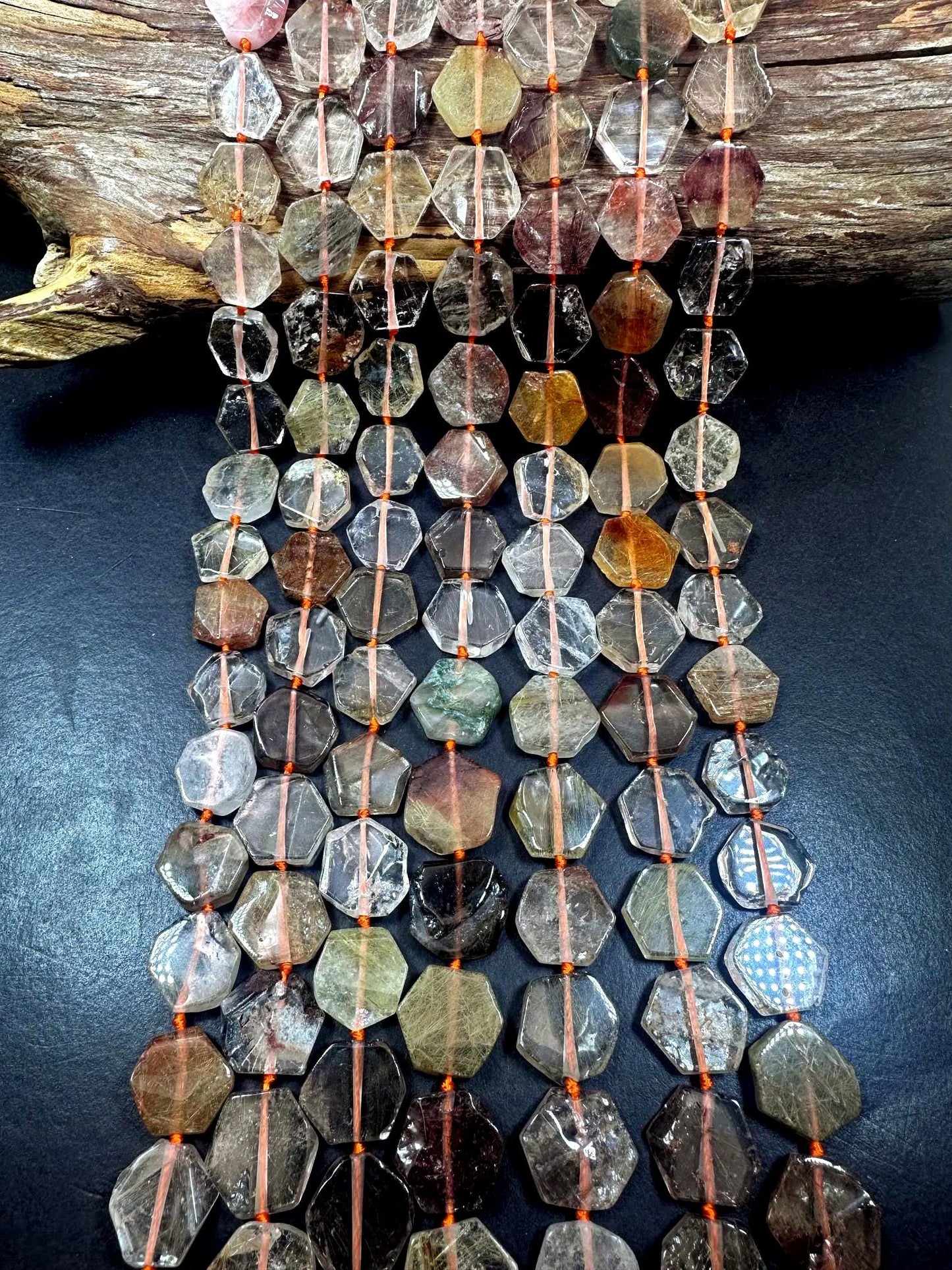 Beautiful Natural Rutilated Quartz Hexagon Shape Gemstone Beads. 15x15mm, Multicolor Clear Orange Shades, Great Quality Full Strand 15.5"