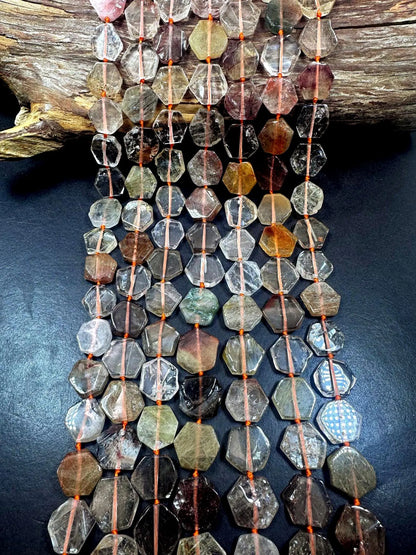 Beautiful Natural Rutilated Quartz Hexagon Shape Gemstone Beads. 15x15mm, Multicolor Clear Orange Shades, Great Quality Full Strand 15.5"