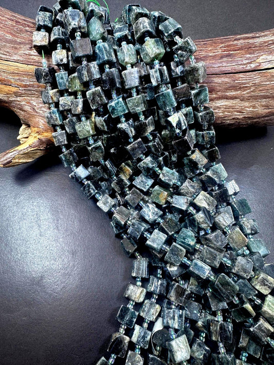 100% Natural Green Kyanite Cut Cube Shape Gemstone Beads. 33x31mm, Dark Green Color, Great Quality Full Strand 15.5"