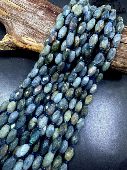 100% Natural Labradorite Faceted Barrel Gemstone Beads with Blue Flash. Stunning Dark Gray Color, 15x9mm, Excellent Quality 15.5"