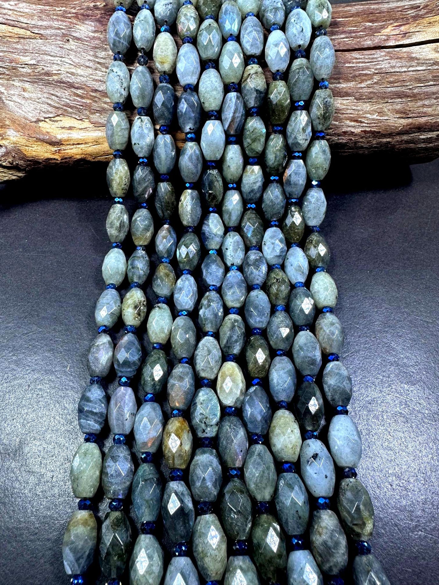 100% Natural Labradorite Faceted Barrel Gemstone Beads with Blue Flash. Stunning Dark Gray Color, 15x9mm, Excellent Quality 15.5"