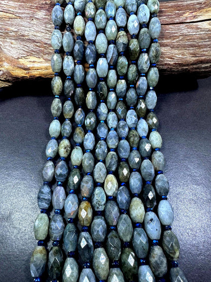 100% Natural Labradorite Faceted Barrel Gemstone Beads with Blue Flash. Stunning Dark Gray Color, 15x9mm, Excellent Quality 15.5"