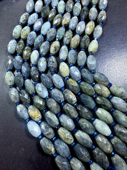 100% Natural Labradorite Faceted Barrel Gemstone Beads with Blue Flash. Stunning Dark Gray Color, 15x9mm, Excellent Quality 15.5"