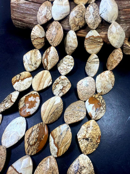 100% Natural Picture Jasper Curved Oval Shape Gemstone Pendants, 40x30mm Tan Beige Color Excellent Quality, Full Strand 15.5"