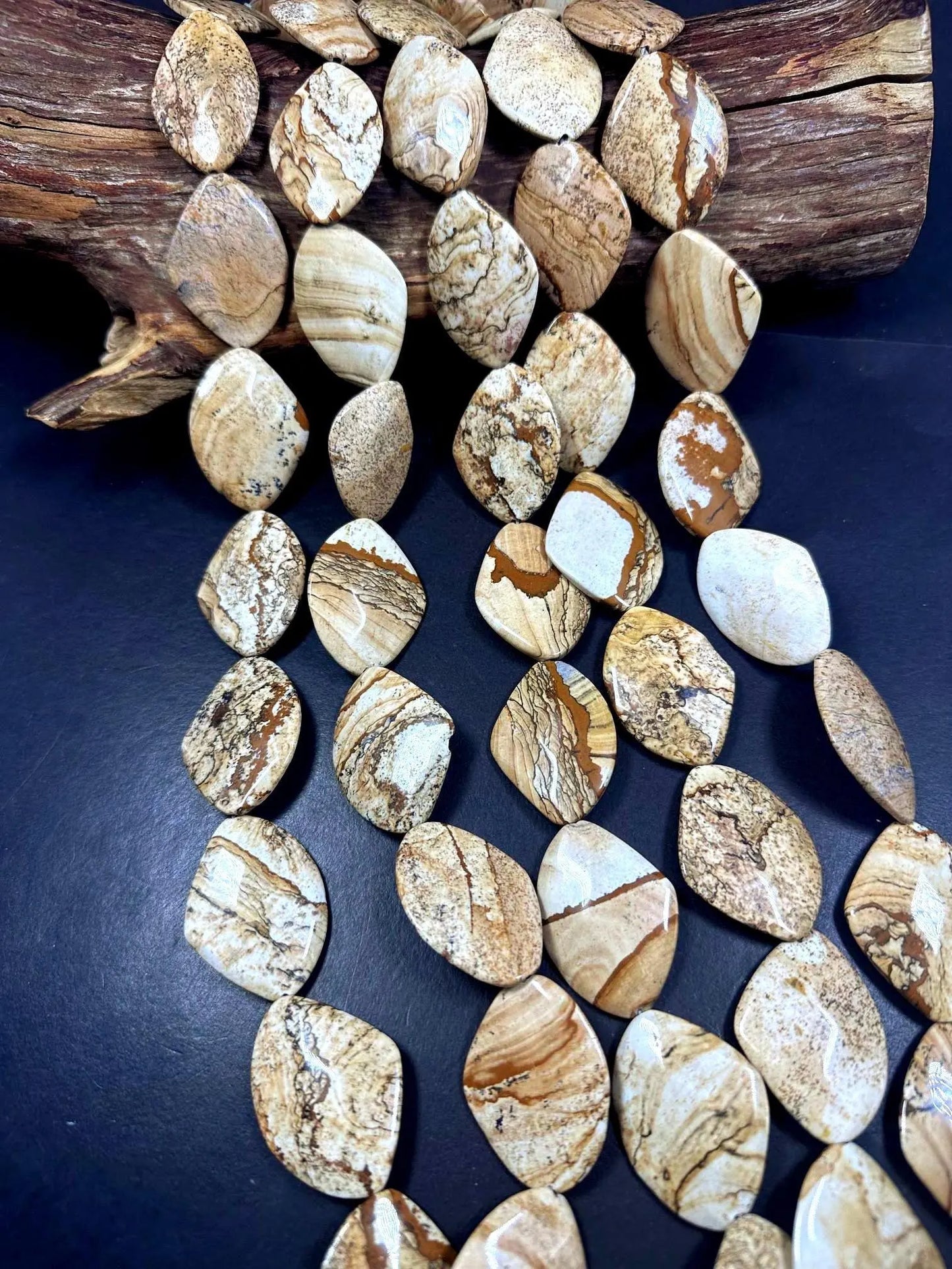 100% Natural Picture Jasper Curved Oval Shape Gemstone Pendants, 40x30mm Tan Beige Color Excellent Quality, Full Strand 15.5"