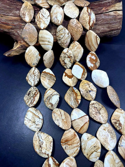 100% Natural Picture Jasper Curved Oval Shape Gemstone Pendants, 40x30mm Tan Beige Color Excellent Quality, Full Strand 15.5"
