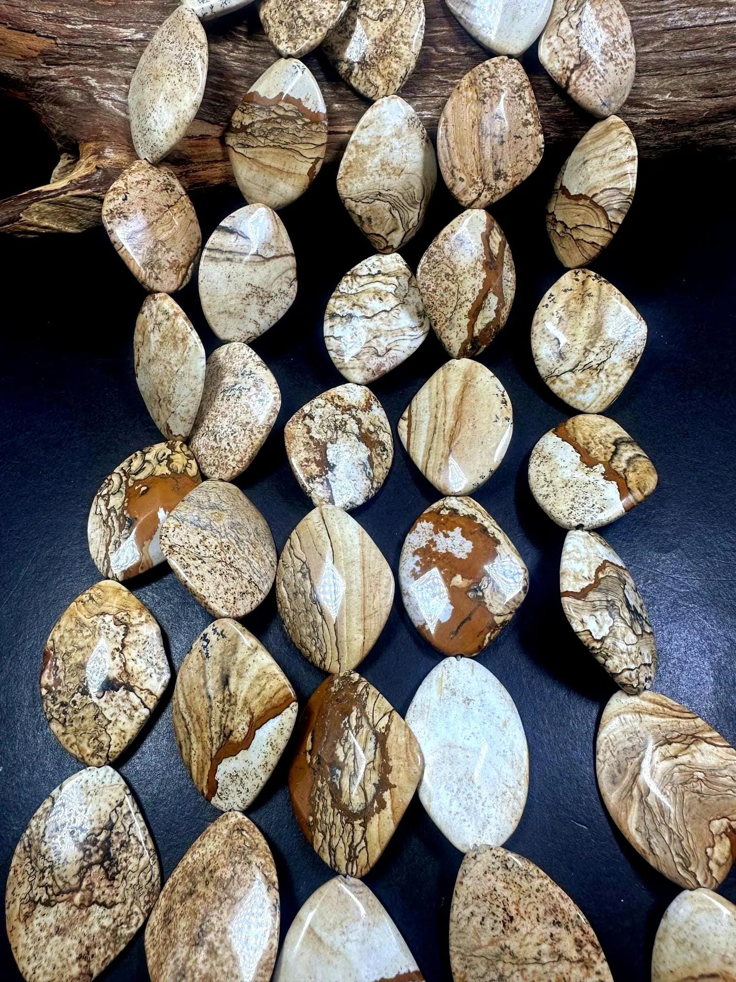 100% Natural Picture Jasper Curved Oval Shape Gemstone Pendants, 40x30mm Tan Beige Color Excellent Quality, Full Strand 15.5"