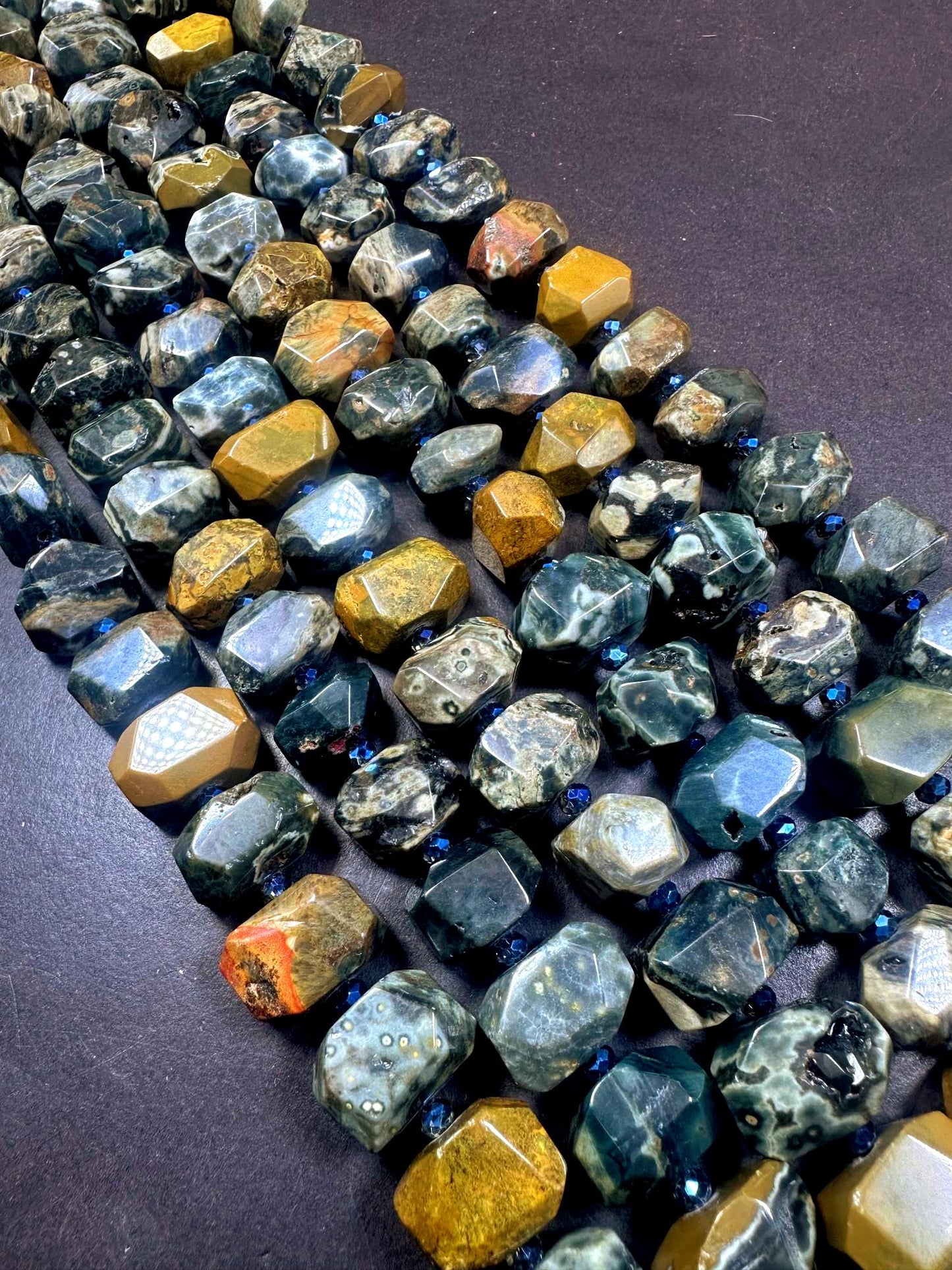 100% Natural Ocean Jasper Faceted Nugget Shape Gemstone Beads, Blue Gray Brown Multicolor Pattern Excellent Quality, Full Strand 15.5"