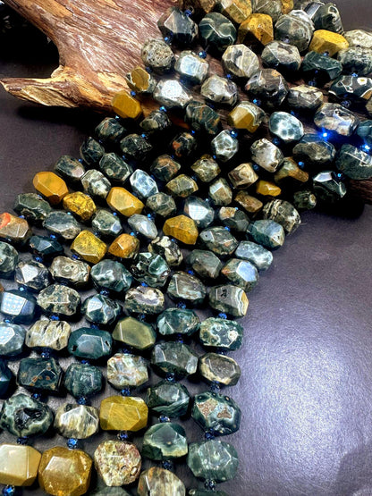 100% Natural Ocean Jasper Faceted Nugget Shape Gemstone Beads, Blue Gray Brown Multicolor Pattern Excellent Quality, Full Strand 15.5"