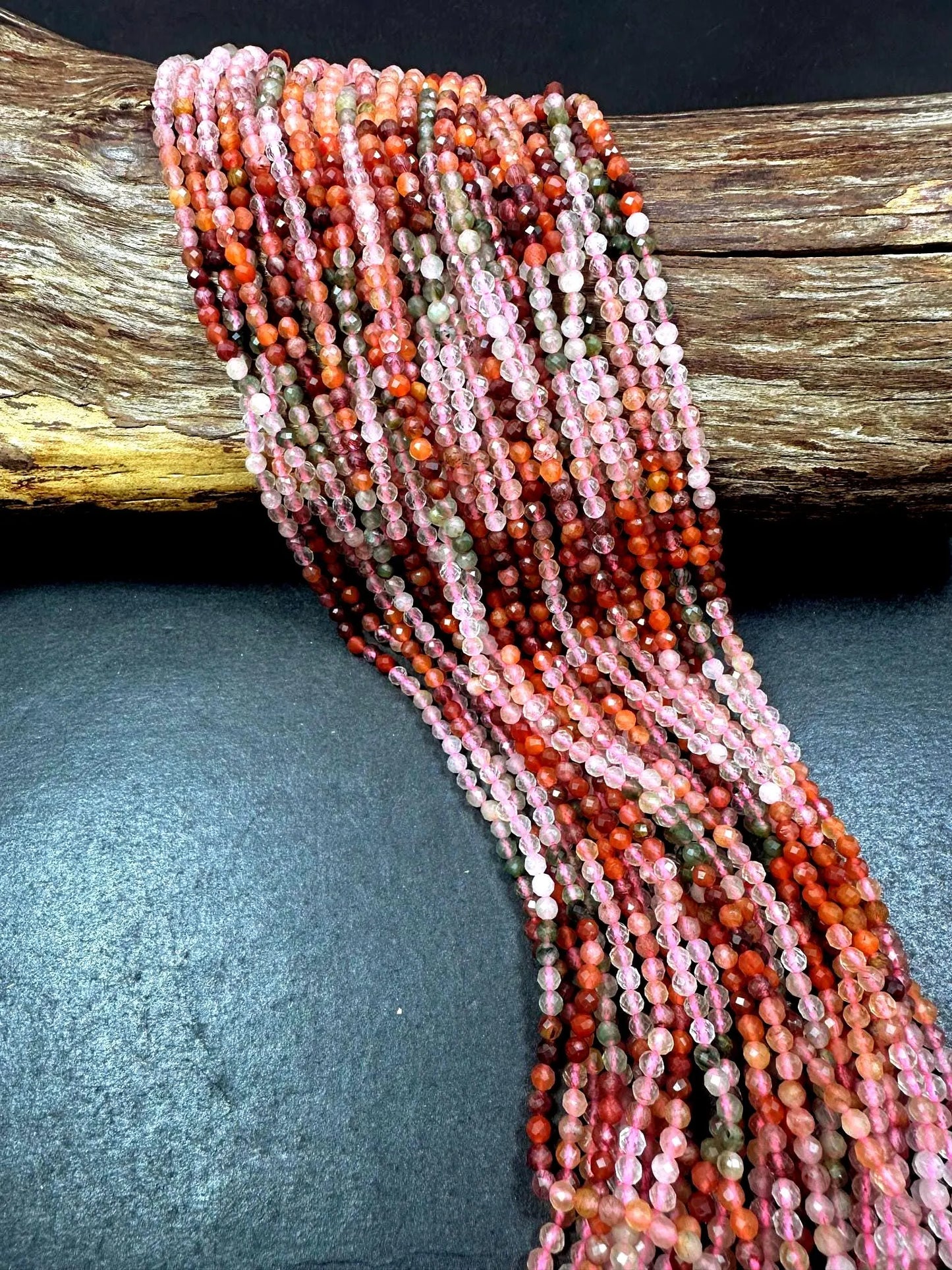 100% Natural AAA Rutilated Quartz Faceted Round Shape Gemstone Beads. 3mm, Pink Orange Brown Multicolor Pattern, Great Quality 15.5"