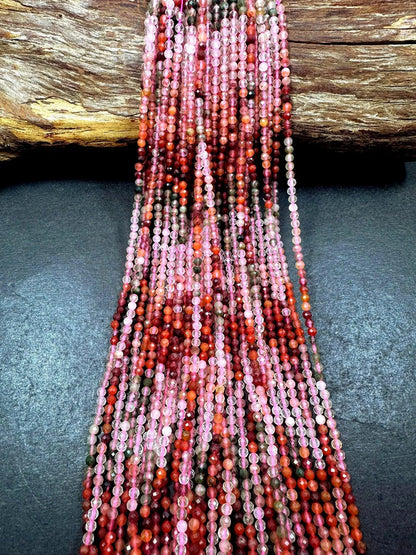 100% Natural AAA Rutilated Quartz Faceted Round Shape Gemstone Beads. 3mm, Pink Orange Brown Multicolor Pattern, Great Quality 15.5"