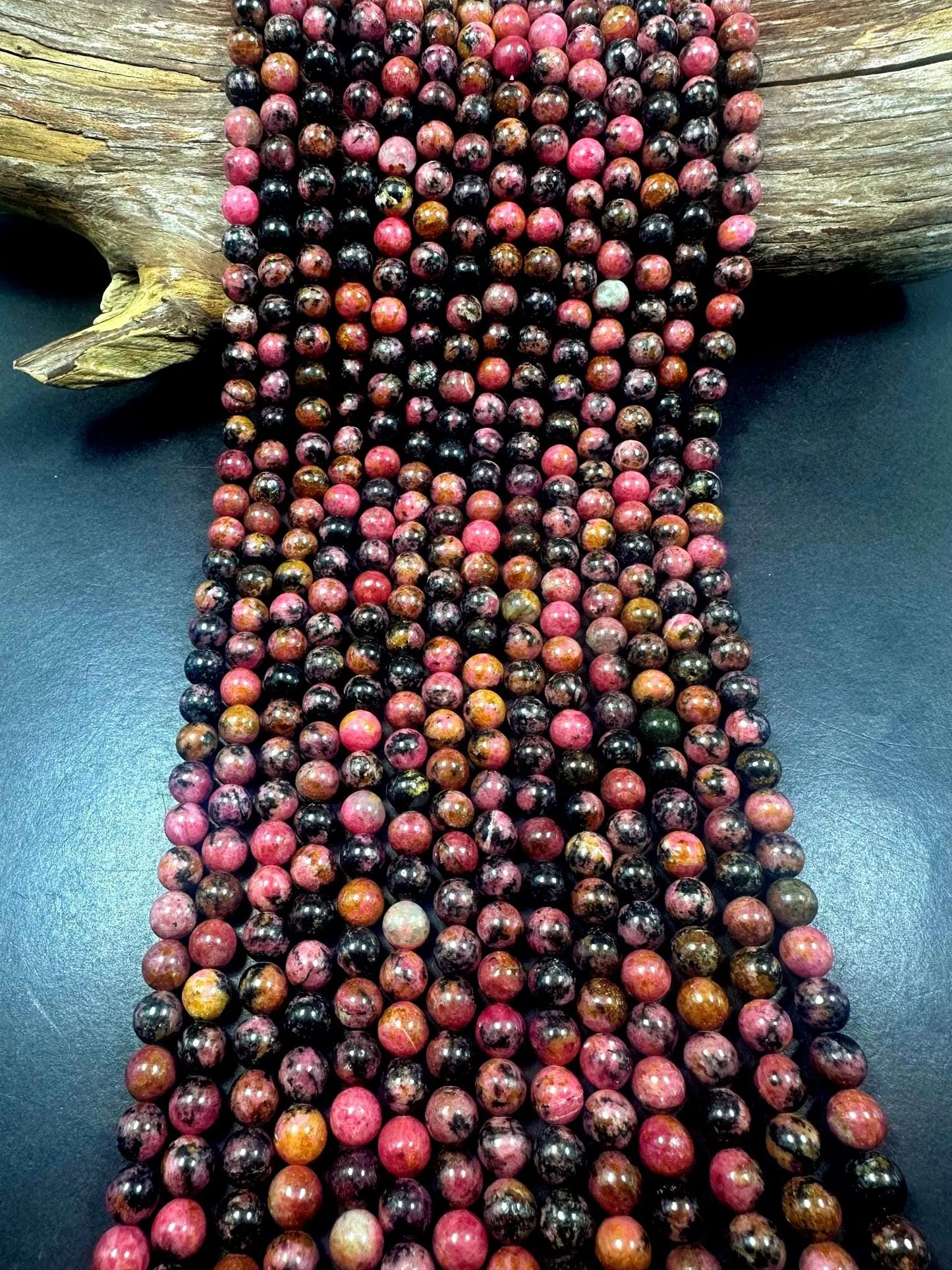 100% Natural Pink Black Rhodonite Smooth Round Shape Gemstone Beads, Multicolor Pink and Black Pattern, Great Quality 15.5"