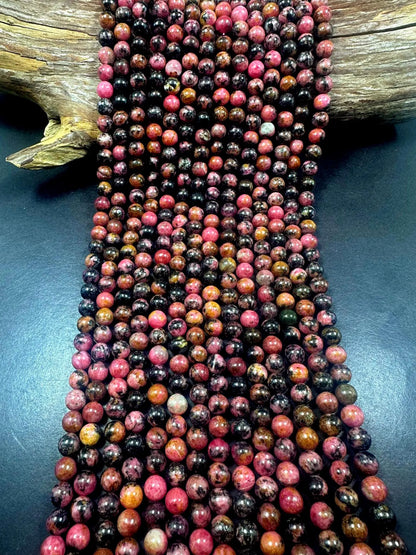 100% Natural Pink Black Rhodonite Smooth Round Shape Gemstone Beads, Multicolor Pink and Black Pattern, Great Quality 15.5"