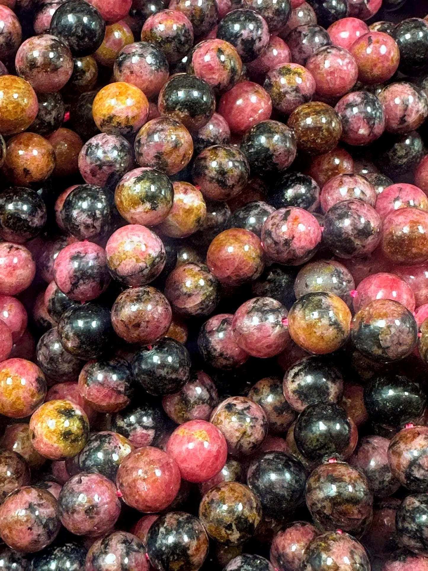 100% Natural Pink Black Rhodonite Smooth Round Shape Gemstone Beads, Multicolor Pink and Black Pattern, Great Quality 15.5"