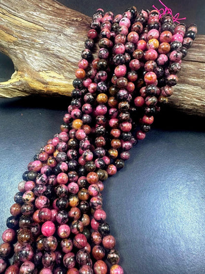 100% Natural Pink Black Rhodonite Smooth Round Shape Gemstone Beads, Multicolor Pink and Black Pattern, Great Quality 15.5"