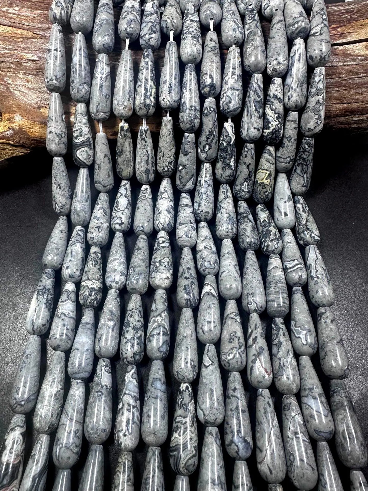 Beautiful Natural Gray Jasper Teardrop Shape Gemstone Bead. 30x10mm Stunning Gray Color Pattern, Great Quality Full Strand 15.5"