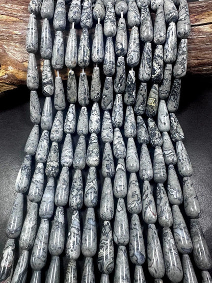 Beautiful Natural Gray Jasper Teardrop Shape Gemstone Bead. 30x10mm Stunning Gray Color Pattern, Great Quality Full Strand 15.5"