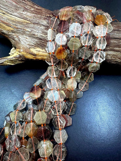 Beautiful Natural Rutilated Quartz Hexagon Shape Gemstone Beads. 15x15mm, Multicolor Clear Orange Shades, Great Quality Full Strand 15.5"