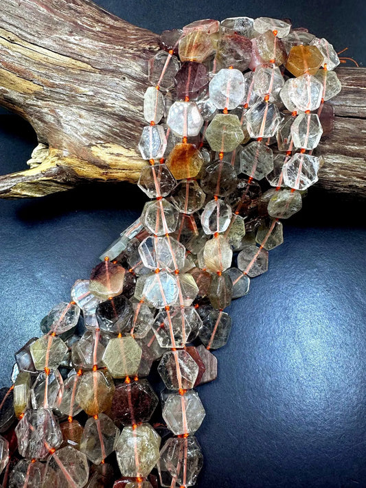 Beautiful Natural Rutilated Quartz Hexagon Shape Gemstone Beads. 15x15mm, Multicolor Clear Orange Shades, Great Quality Full Strand 15.5"