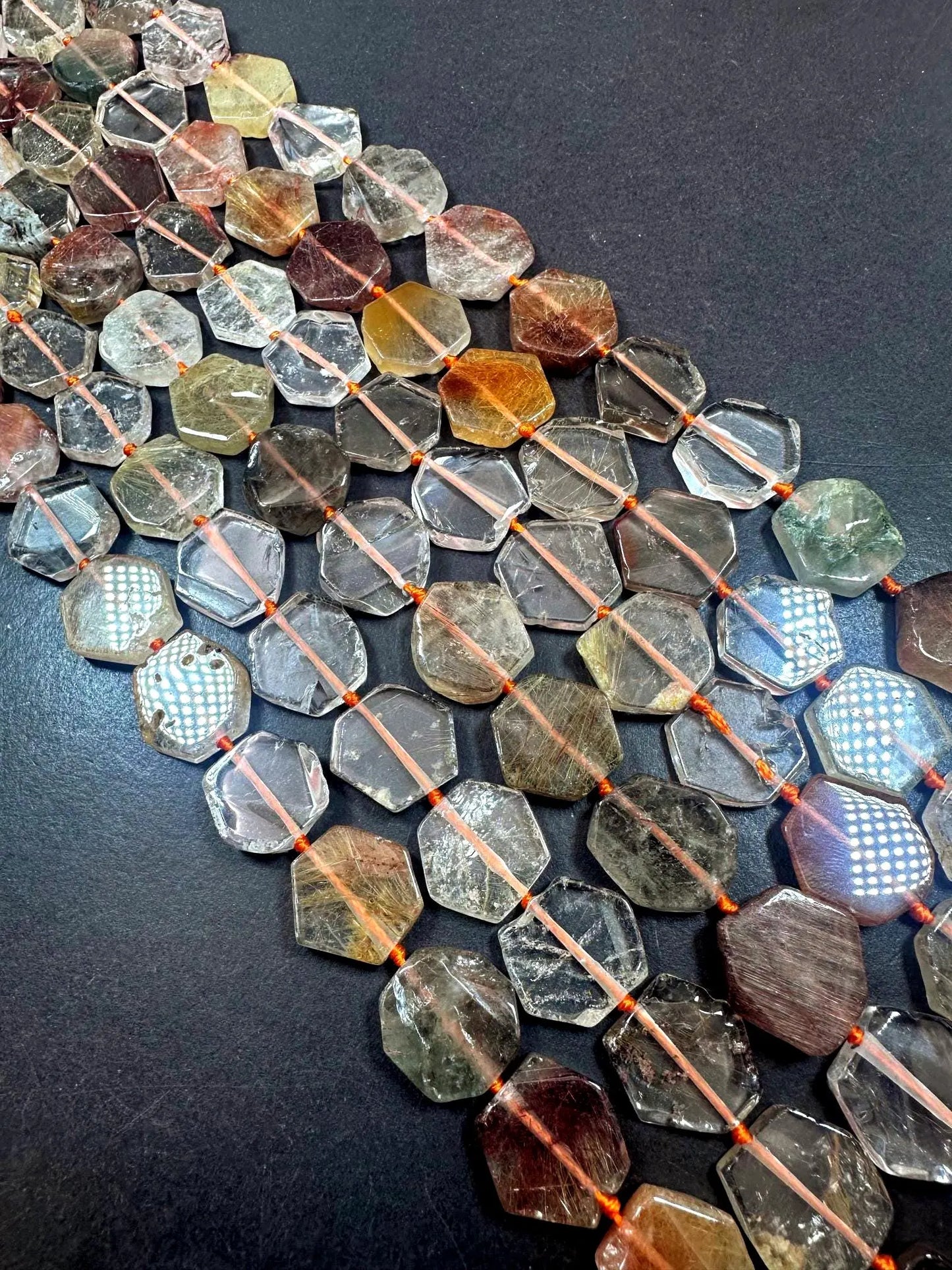 Beautiful Natural Rutilated Quartz Hexagon Shape Gemstone Beads. 15x15mm, Multicolor Clear Orange Shades, Great Quality Full Strand 15.5"