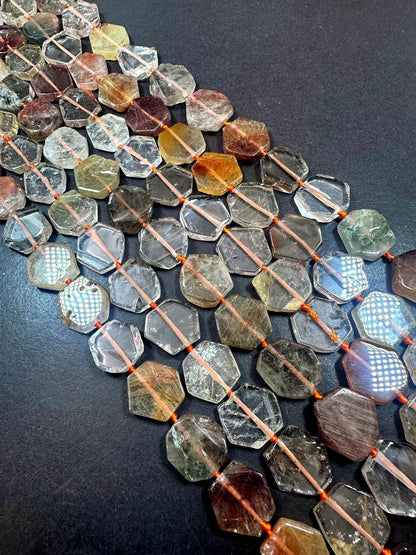 Beautiful Natural Rutilated Quartz Hexagon Shape Gemstone Beads. 15x15mm, Multicolor Clear Orange Shades, Great Quality Full Strand 15.5"