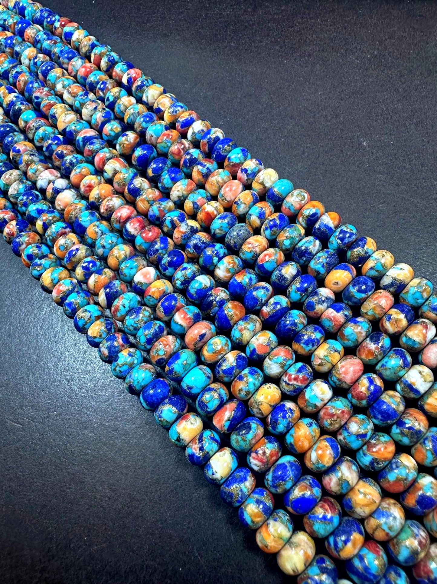 100% Natural Spiny Oyster Turquoise Rondelle Shape Gemstone Beads. 5x8mm, Beautiful Multicolor Pattern Excellent Quality Full Strand 15.5"