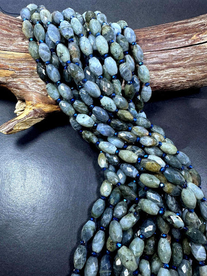 100% Natural Labradorite Faceted Barrel Gemstone Beads with Blue Flash. Stunning Dark Gray Color, 15x9mm, Excellent Quality 15.5"