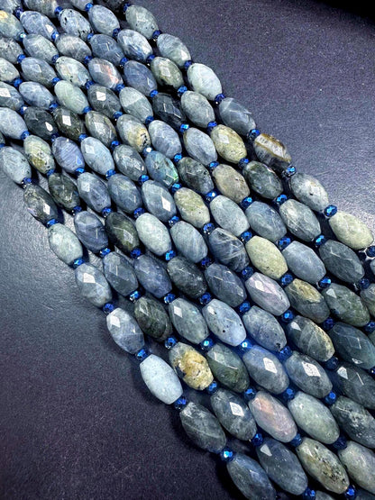 100% Natural Labradorite Faceted Barrel Gemstone Beads with Blue Flash. Stunning Dark Gray Color, 15x9mm, Excellent Quality 15.5"