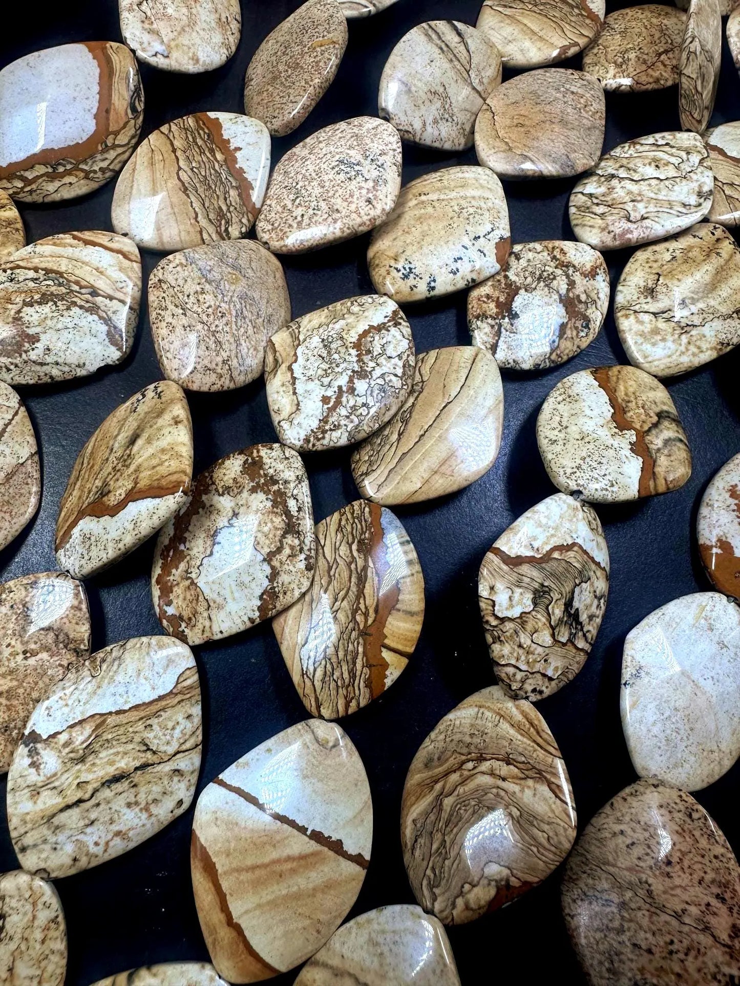 100% Natural Picture Jasper Curved Oval Shape Gemstone Pendants, 40x30mm Tan Beige Color Excellent Quality, Full Strand 15.5"