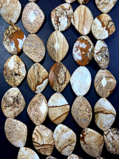 100% Natural Picture Jasper Curved Oval Shape Gemstone Pendants, 40x30mm Tan Beige Color Excellent Quality, Full Strand 15.5"
