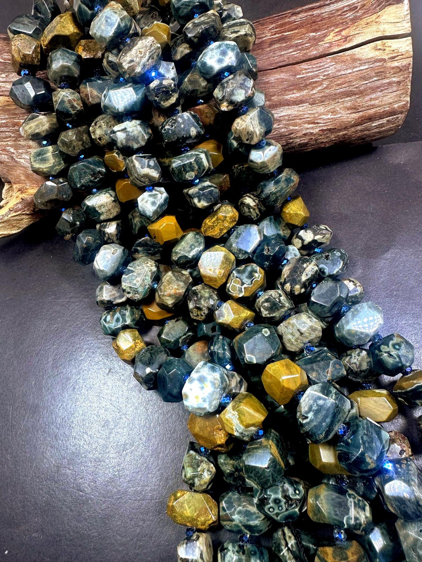 100% Natural Ocean Jasper Faceted Nugget Shape Gemstone Beads, Blue Gray Brown Multicolor Pattern Excellent Quality, Full Strand 15.5"